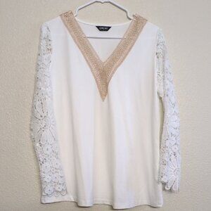Chicme Cream Lace Sleeve Blouse with Gold V-Neck Trim NWOT